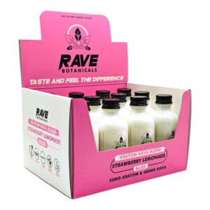 Display case of Rave Botanicals Kratom Kava Blend Strawberry Lemonade Shot 50mg 60mL