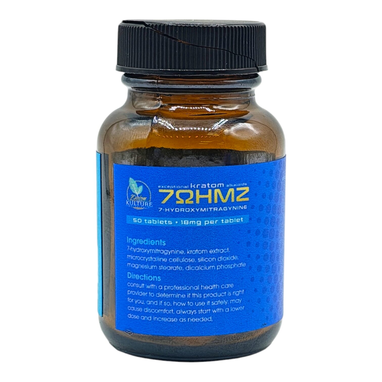 Single bottle of Kratom Kulture 7OHMZ Tablets 18mg - 21 Count (nutrition label) (var 1)