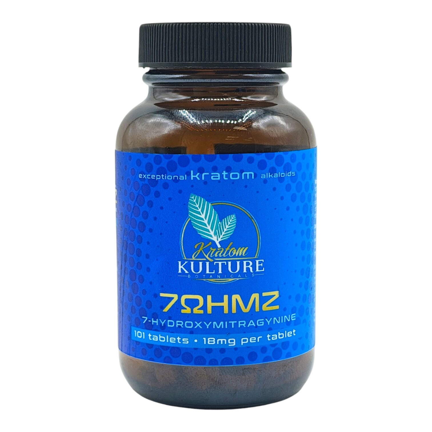 Single bottle of Kratom Kulture 7OHMZ Tablets 18mg - 21 Count (front) (var 1)