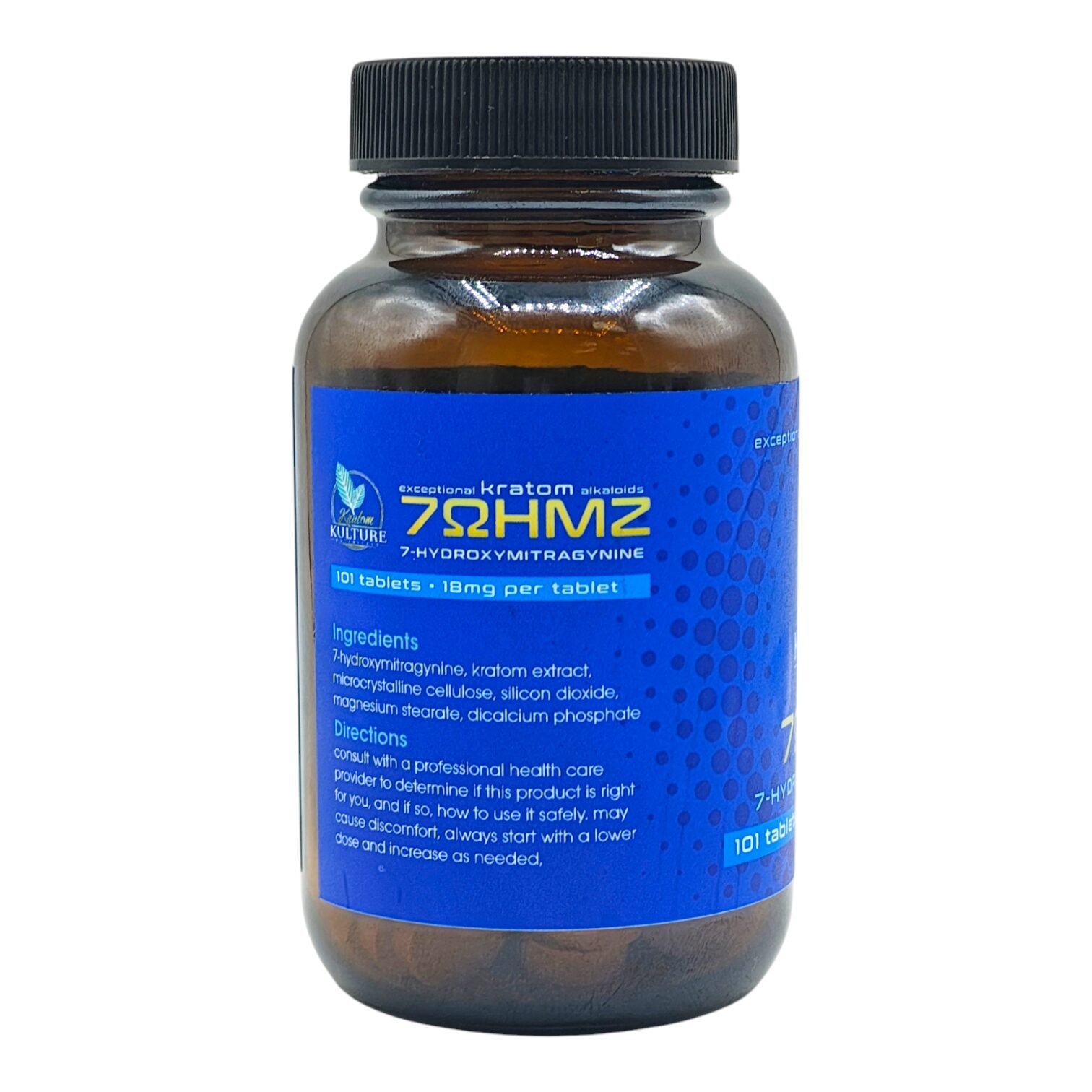 Single bottle of Kratom Kulture 7OHMZ Tablets 18mg - 21 Count (back)
