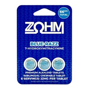 single card of ZOHM 7-OH Tangerine Dream Tablets 3ct - Blue-Razz