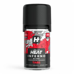 High-resolution product image showcasing the 'Straight Heat Inferno 15CT' kratom packaging with a fiery, dynamic design featuring bold text and vibrant colors.