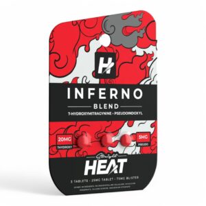 Close-up image of the “Straight Heat Inferno 3CT” product packaging featuring a bold, fiery design. The label displays the product name prominently in striking typography against a red and black background with dynamic graphic elements that evoke heat and intensity. The “3CT” mark indicates a three-count package, and the overall aesthetic suggests a potent, high-energy product.