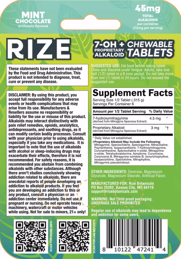 nutrition facts of Rize 7-OH Pseudo Alkaloid Chewable Tablets 45mg - 3 Count