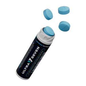 single bottle of Ultra Seven Kratom 7-OH Tablets Blue Raspberry 7mg with tablets flowing out of bottle