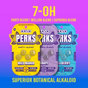 Promo image of all flavors single card - promo image of single card of Dozo Perks Maximum Strength 7-OH Flavored Tablets 50MG - Wild Mango