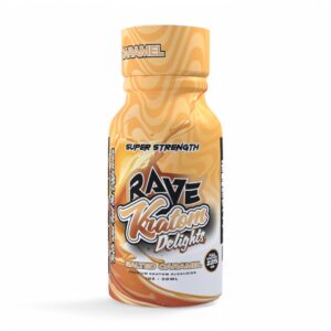 single bottle of Rave Kratom Delights, 225mit Flavored Shot 30mL - salted caramel (front)