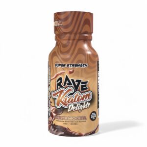 single bottle of Rave Kratom Delights, 225mit Flavored Shot 30mL - Cafe Mocha (front)