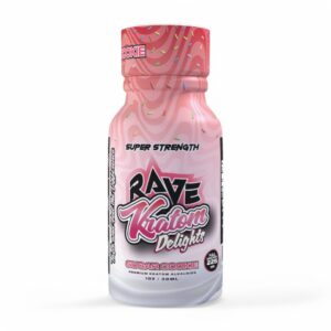 single bottle of display box of Rave Kratom Delights, 225mit Flavored Shot 30mL - sugar cookie (front)