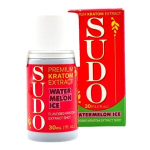 single bottle and box of SUDO Premium Kratom Shot 30mL - watermelon ice