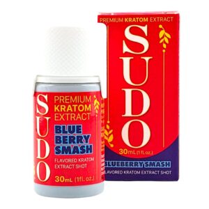 single bottle and box of SUDO Premium Kratom Shot 30mL - blueberry smash