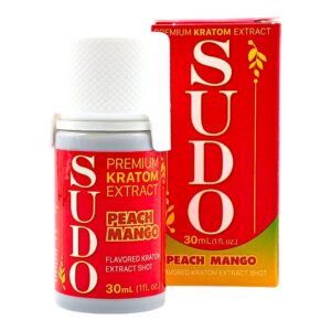 bottle and box of SUDO Premium Kratom Shot 30mL - Peach mango