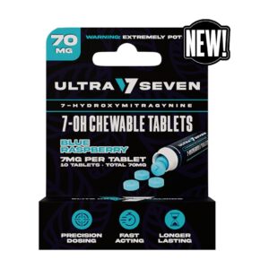 front of package of Ultra Seven Kratom 7-OH Tablets Blue Raspberry 7mg