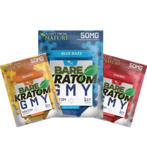 Bare Kratom GMY – 12g kratom gummies in Cherry Bing, Mango Oasis, and Summer Berries flavors, each infused with 50mg mitragyna speciosa