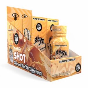 display box of Rave Kratom Delights, 225mit Flavored Shot 30mL - salted caramel (Side 2)