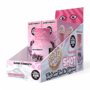 display box of Rave Kratom Delights, 225mit Flavored Shot 30mL - Sugar Cookie (side)