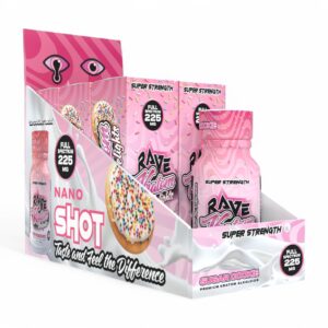 display box of Rave Kratom Delights, 225mit Flavored Shot 30mL - Sugar Cookie