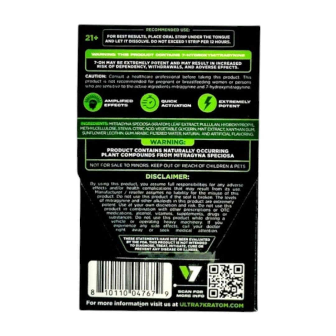 back of package of Ultra Seven Kratom 7-OH Strips 30mg