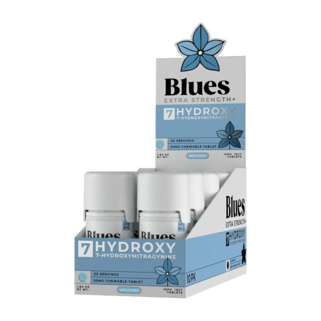 display case of Blues 7-OH 30mg Tablets - 10 Count