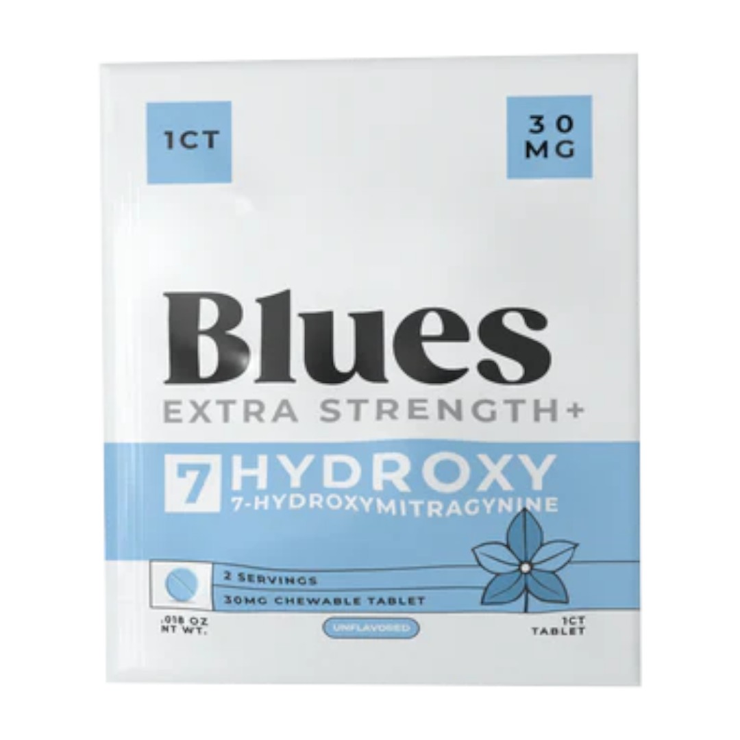 front of pouch of Blues 7-OH 30mg Tablets - 10 Count (var 1)