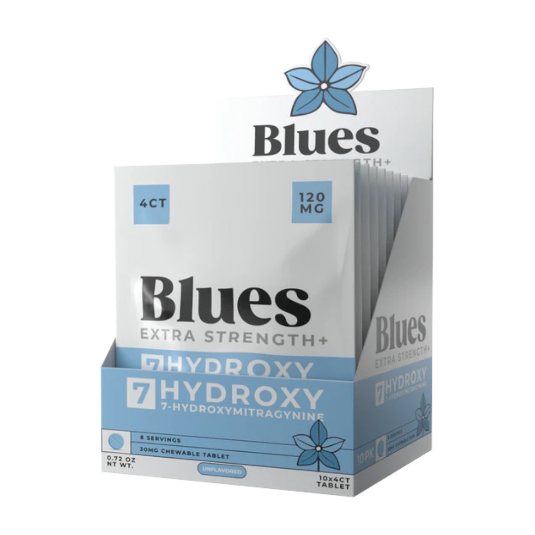 packages in display case of Blues 7-OH 30mg Tablets - 10 Count