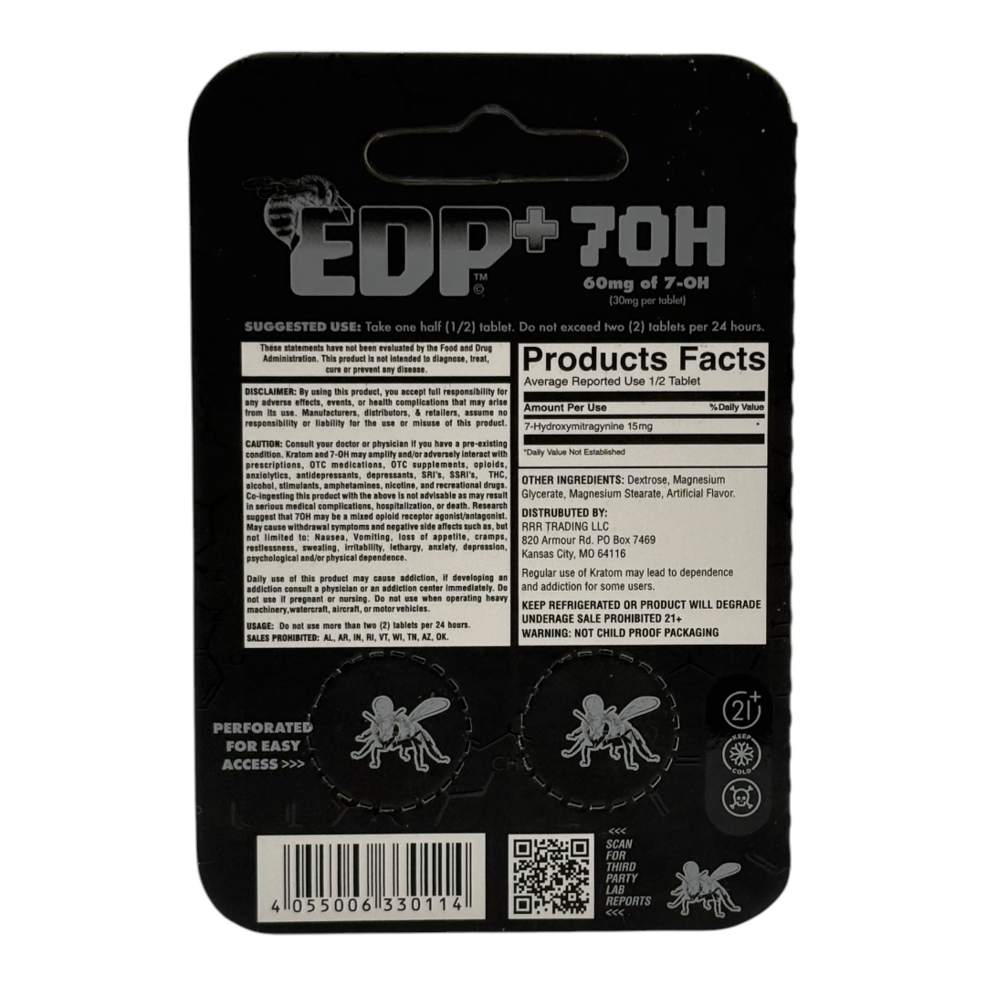 back of card of EDP 7-OH Tablets 30mg 2ct