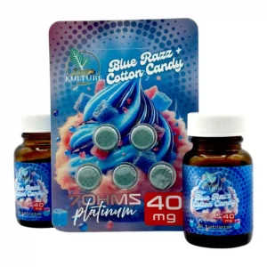 package and two sizes of bottle of kratom kulture blue razz tablets