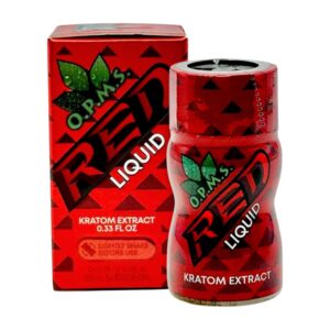 bottle and box of OPMS Kratom Extract Red Liquid Shot