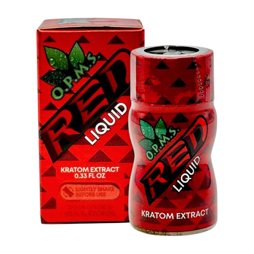 bottle and box of OPMS Kratom Extract Red Liquid Shot