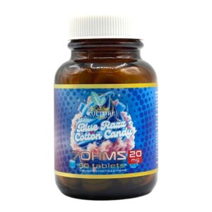 front of bottle of Kratom Kulture 7OHMZ Platinum 40mg – Blue Razz Cotton Candy (var 1)