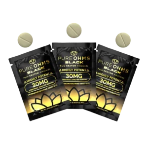 transparent background with three packs of Pure Ohms Black 7-OH Tablet 30mg - 6 Count