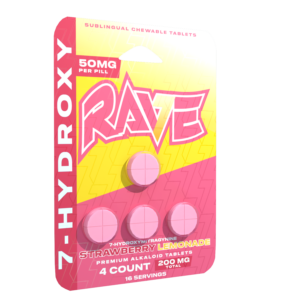 side of single pack of Rave Kratom 7-OH Strawberry Lemonade Tablets 50mg 4ct