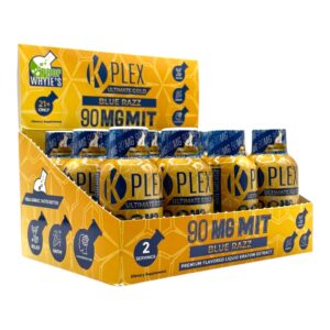 display case of K Plex Premium Liquid Kratom Extract Flavored 90mg MIT - Blue Razz