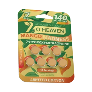 side of package of 7 O'Heaven 7-OH Mango Madness Flavored Tablets 20mg - 7 Count (alt 2)