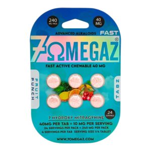 AN image showing the packaing of 7OmegaZ Fast Tabs flavored tablets Fruit Punch