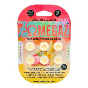 AN image showing the packaing of 7OmegaZ Fast Tabs flavored tablets Strawberry Banana