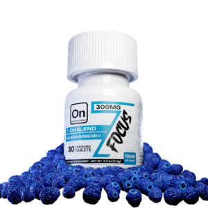bottle sitting on top of pills of On7 7-Hydroxy + Pseudo Focus Tablets - Blue Raspberry