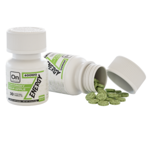 opened bottle of On7 7-Hydroxy Energy Tablets - Sour Apple - 10mg