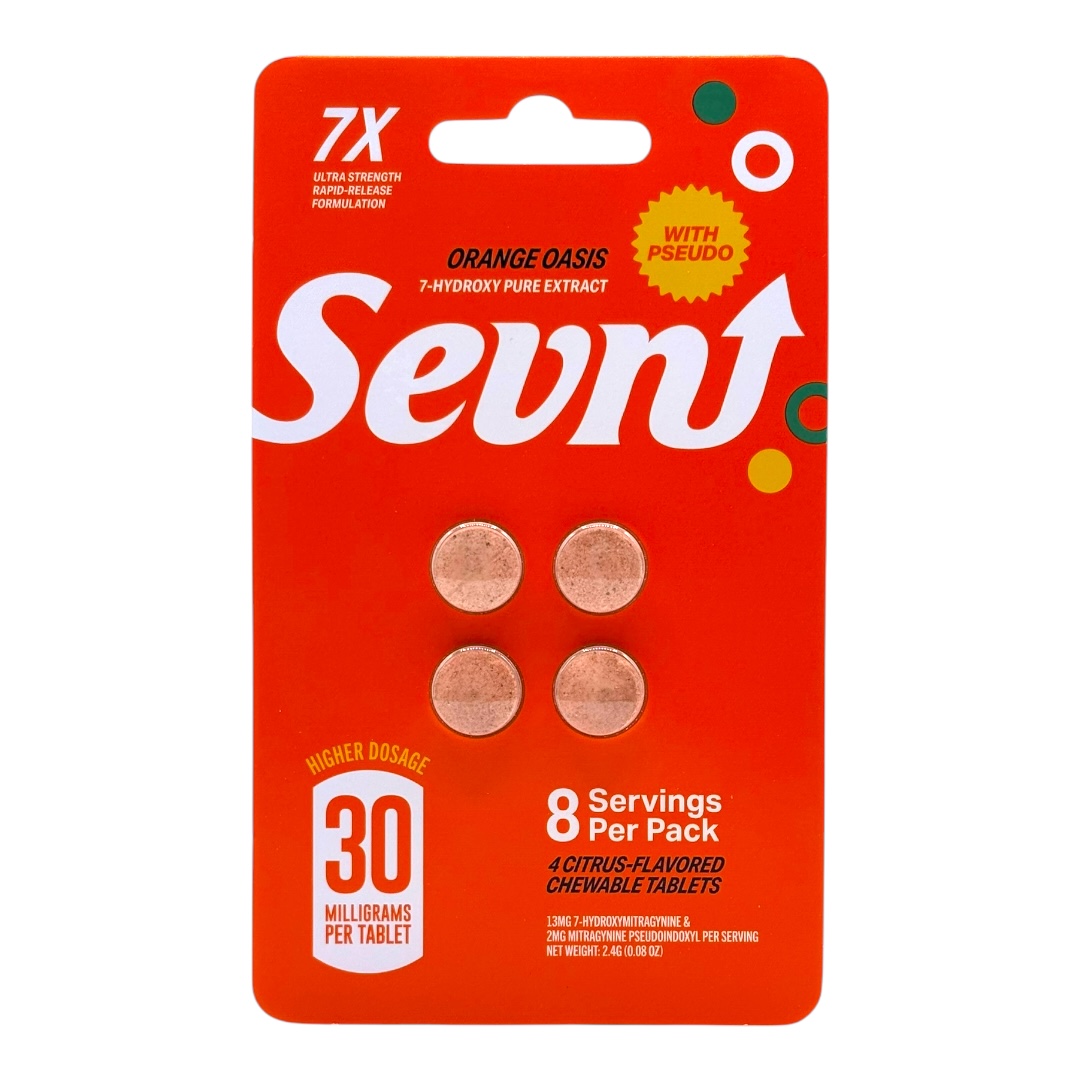 front of package of Sevn 7-OH Pseduo Tablets Extra Strength 30mg 4ct - Orange Oasis