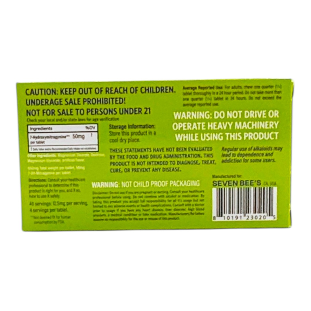 back of box of 7 Bee's Hydroxy 7-OH Tablets 50mg 10ct