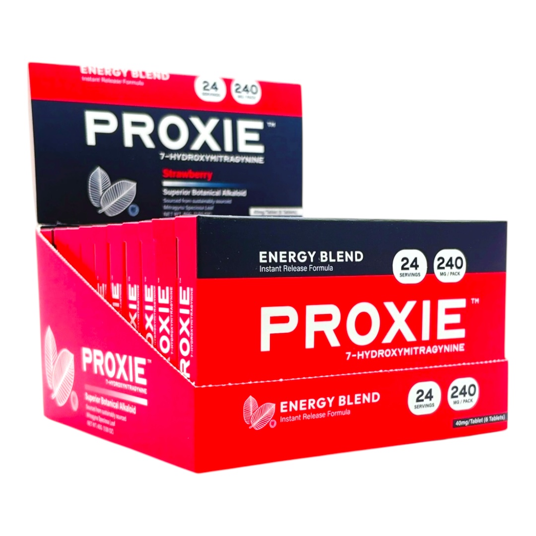 display case of Proxie 7-OH Energy Blend Flavored Tablets 40mg - Strawberry, 6 Count (24 (Servings)