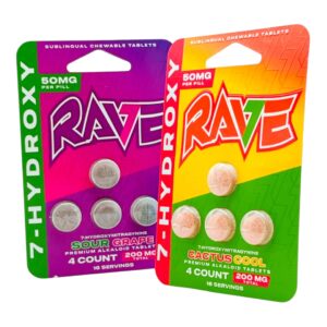 two packets of Rave Kratom 7-OH Flavored Tablets 50mg x 4ct - Cactus Cool