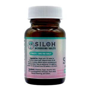 the side of the bottle of the 8 count siloh microdosing tablets 10mg