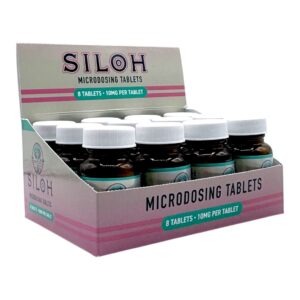 the display case a bottle of the 8 count siloh microdosing tablets 10mg