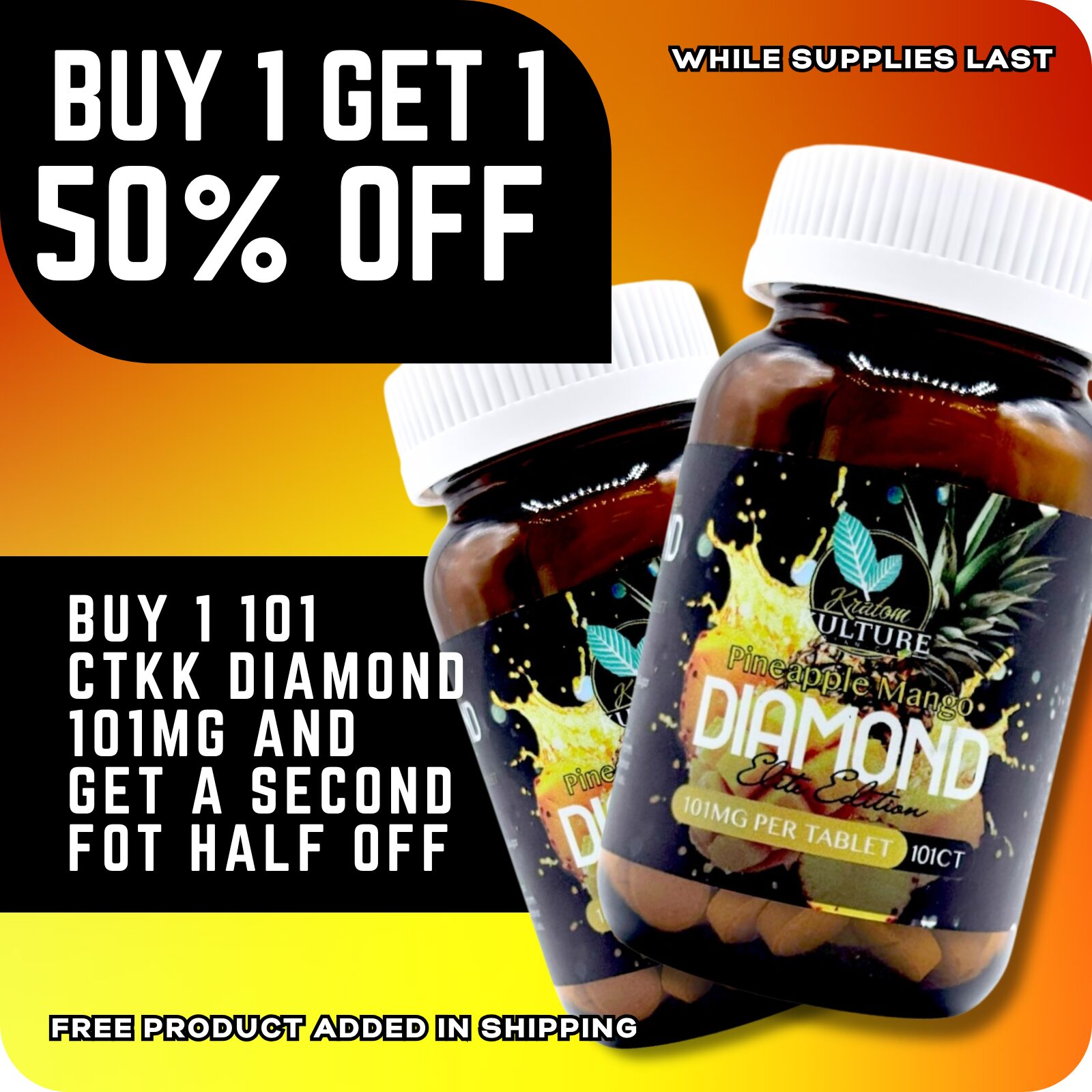 Kratom Kulture Diamond Elite Pineapple Mango Tablets 101mg BOGO 50%